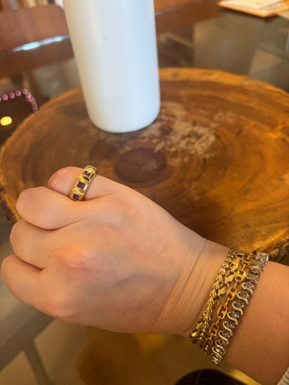 Vintage Gold Tone Square Bezel Set Amethyst Band